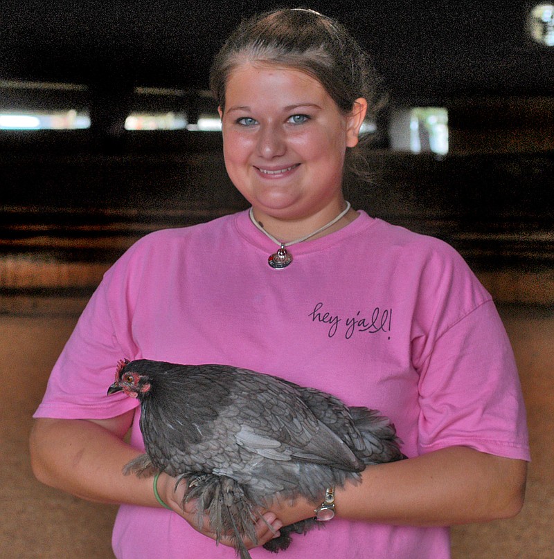 Kodi Hudson, 13, of Emerson, shows her 5-month-old Blue Cochin hen.