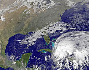 This NOAA satellite image taken Wednesday, Oct. 31, 2007, at 12:31 a.m. CDT shows Tropical Storm Noel about 235 miles southwest of Nassau. 
