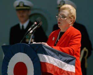 Margaret Truman-Daniel speaks during the re commissioning ceremonies for the Iowa-class battleship in San Francisco in this Feb. 10, 1986 file photo. Margaret Truman, the only child of former President Harry S. Truman who became a concert singer, actress, radio and TV personality and mystery writer, died Tuesday, Jan 29, 2008. She was 83. 