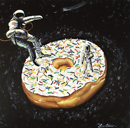 Houston, we've got a doughnut: Spacemen discover dessert in one of Lisa Claas-James' paintings.