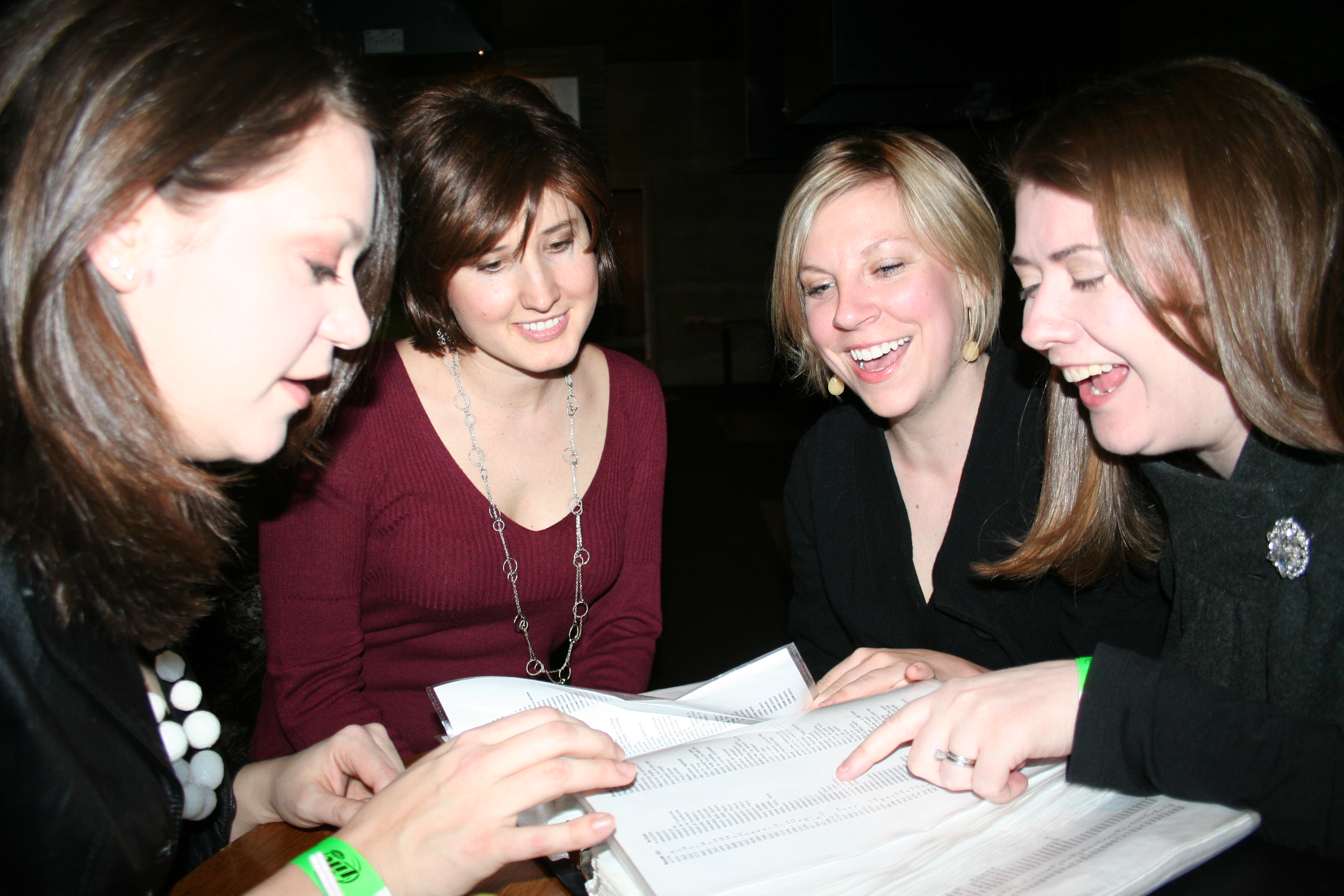 Some party-goers browse the karaoke songbook.