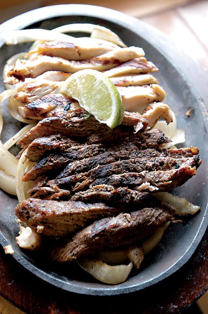 A combo Fajita with steak and chicken from the On The Border restaurant.