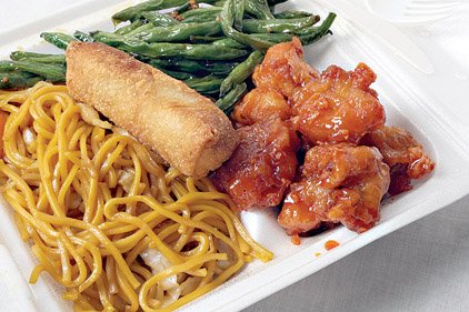 Honey Chicken, sauteed green beans, lo mein noodles and an egg roll are menu items from Mandarin Express in Park Plaza.