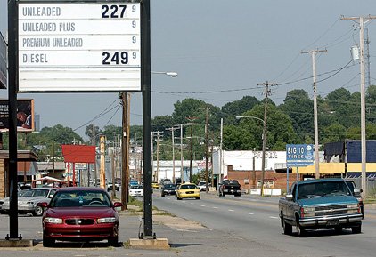 The average price of regular gasoline in Arkansas hit $2.44 a gallon Thursday. Some places, like this station at 4912 Asher Ave. in Little Rock, advertised even lower prices.
