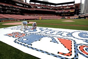 Jul 14, 2009 - St. Louis, Missouri, USA - MLB Baseball - National League  All-Stars chat on the field during batting practice before Major League  Baseball's All-Star game at Busch Stadium in