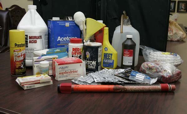 A display of items used in the "shake-and-bake" method of manufacturing methamphetamine is shown at the Oklahoma Bureau of Narcotics in Oklahoma City.