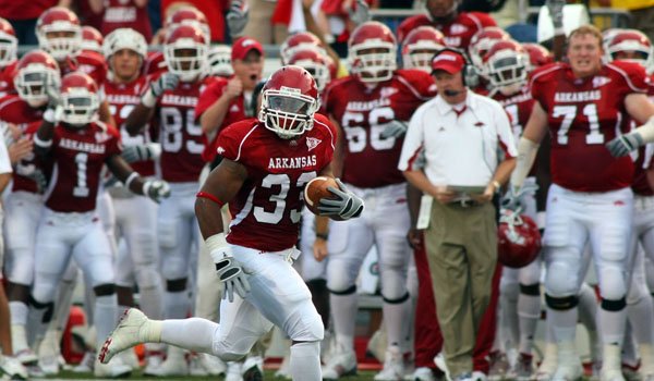 Dennis Johnson returns a kickoff for a touchdown on the first play of the game against Missouri St Saturday night at War Memorial Stadium.