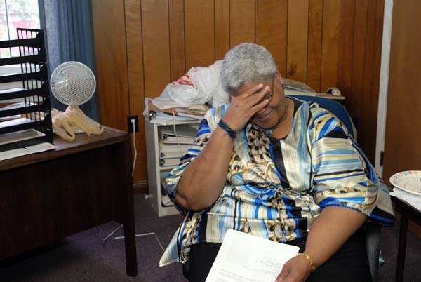 Hattie Daniels, a co-chairman of Arkansas ACORN, tears up as she talks about several projects her organization has carried out to benefit low- and moderate-income people in Arkansas.