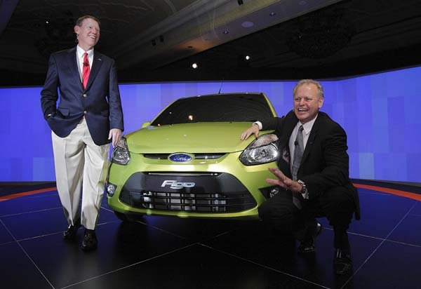 Ford Motor Co. chief executive Alan Mulally and Michael Boneham, president of Ford India, unveil the Ford Figo on Wednesday in New Delhi.