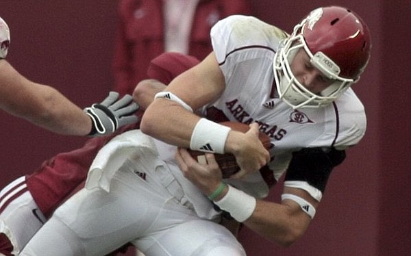 Arkansas quarterback Ryan Mallett is sacked by Alabama's Eryk Anders during the first quarter of the Hogs' 35-7 loss to Alabama in Tuscaloosa, Ala., at Bryant-Denny Stadium.