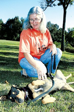 Humane Society of Independence County Shelter Director Bev Finch plays with Ginger, a shepherd-terrier mix who has been at the shelter for two months.