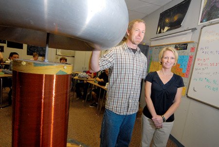 Mount Vernon-Enola High School science teachers Terry Johnson and Judith Putnam are working together to intertwine their two specialties — physical science and life science. Shown here with a Tesla coil, the teachers are using labs in their classes combining the two fields of science. Johnson used this coil for several demonstrations at the local high school before donating the apparatus, which was built as a science project by a former student at another school, to the University of Central Arkansas. He said the coil is representative of physical science in that it can be used to make lightning, but he can relate it to life science because electrical impulses control the body’s muscular system.