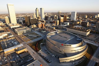 The BOK Center is seen  in the foreground in this photo of downtown Tulsa.