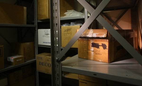 The bones of a young girl found in 1991 in woods off Archwood Park Road lie in a battered cardboard box (at right) in the state medical examiner’s basement “bone room.” The bones remained undisturbed in the storage closet, located at the west Little Rock state Crime Laboratory, for more than a decade. 