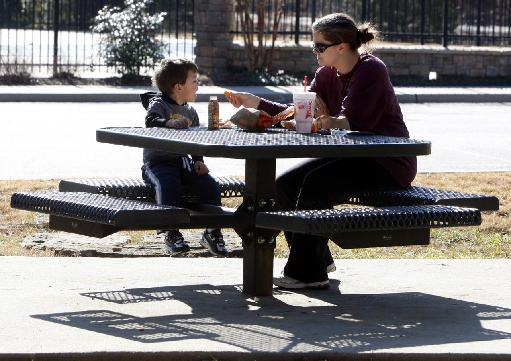 Arkansas Democrat-GazetteJEFF MITCHELL -- 122109 -- Three-year-old Tanner Yates and his mother, Lizzy Yates, take advantage of the spring-like temperatures on the first day of winter to enjoy a picnic lunch in the park in the Woodlands Edge neighborhood of Little Rock, December 21, 2009.