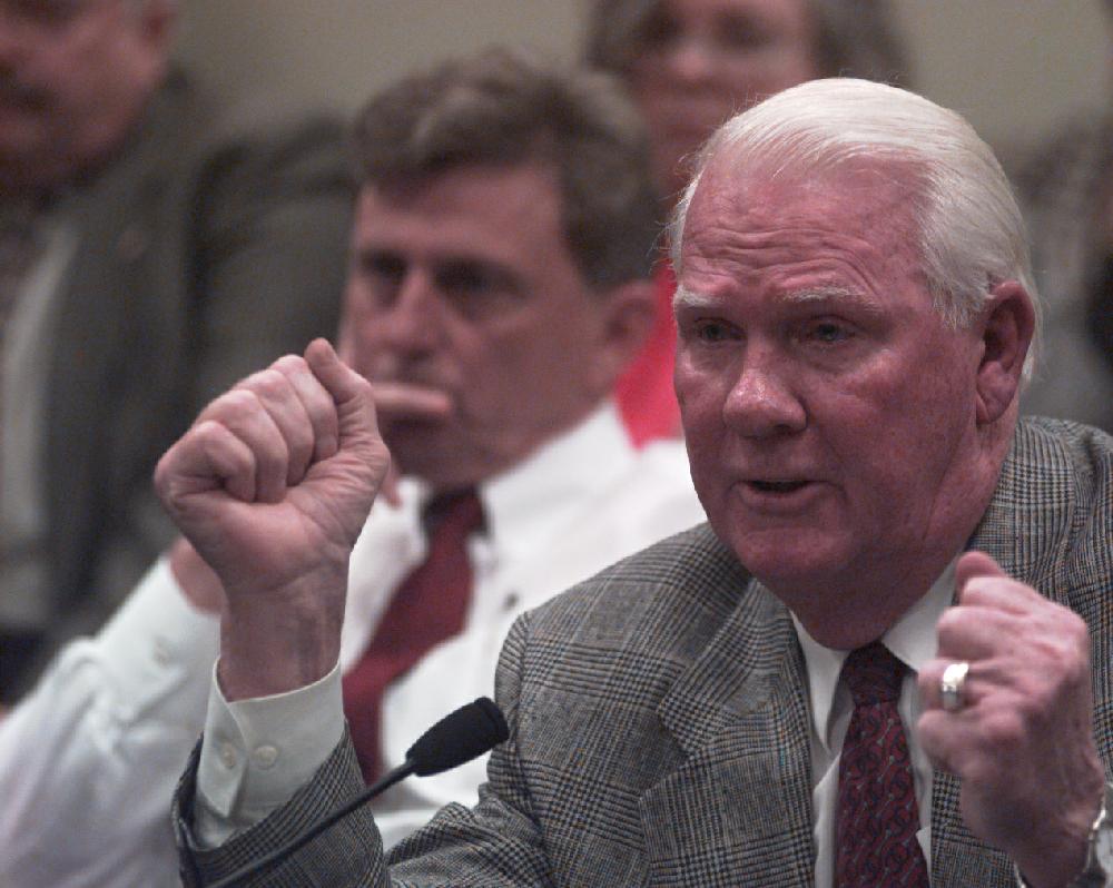 Arkansas Democrat-GazetteSTEVE KEESEE 33099 Sen. Bud Canada, right, D-Hot Springs, with Sen. Mike Beebe, D-Searcy, at his side brings his sales tax exemption on food bill up again in the House's Revenue and Taxation Committee Tuesday where it was later passed out.