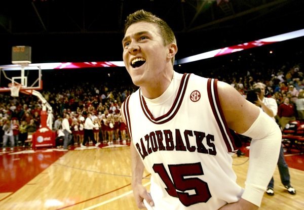 Rotnei Clarke celebrates Tuesday night after Arkansas' 66-62 win in overtime over Missouri State at Bud Walton Arena. Clarke scored Arkansas' final 12 points to lift the Razorbacks.