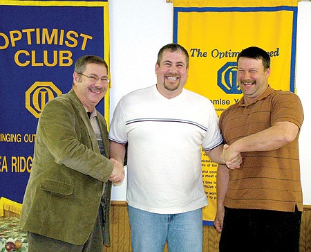 Mayor Jackie Crabtree and Optimist Club president Merrill White bid Brian Nave farewell at a recent Optimist Club meeting.
