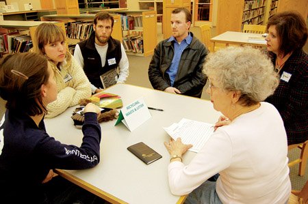 Volunteers in a focus group at an EcoFest planning meeting discuss ideas for recycling, waste and litter. They included Ginny England, clockwise from bottom left, Elizabeth Arnold, Erick McCarthy, Travis Young, Jennifer Richardson and Lillian Petrucelli.