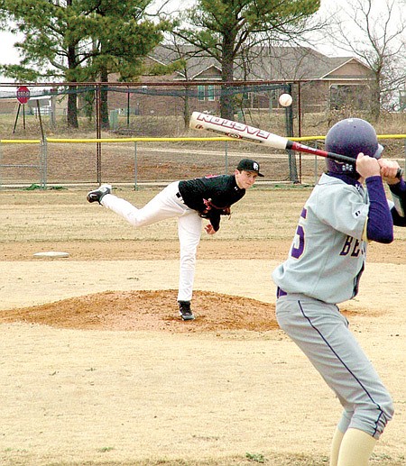 Batter up! - Baseball season has begun as the first game of the season for the Pea Ridge Blackhawks commenced at 4 p.m. Monday at the baseball field at Blackjack Corner. Brandon Easterling pitched to a Berryville player early in the game. The ’Hawks won 11/1.