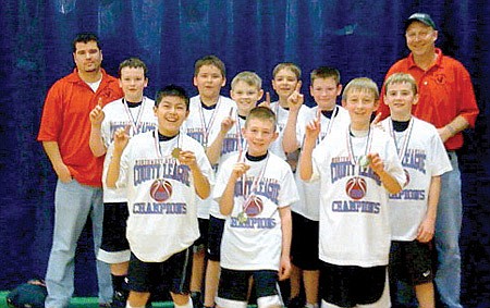 Fifth-grade basketball boys won first place in the Mayb Basketball Tournament Feb. 27-28. They include front row, from left: Garrett King, Logan Johnson and Joey Hall; and back, from left: coach Jarred Linam, Chandler Tidwell, Britton Caudill, Austin Anderson, Bryce Prince, Westin Church, Cole Wright and coach Kevin Hall.