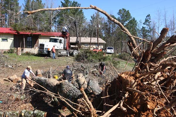 Friends and relative uses chainsaws to remove fallen trees from a home along Hwy. 5  west of Benton in Saline County Thursday morning