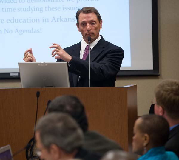    Sean Mulvenon, director of the National Office for Research on Measurement and Evaluation Systems at the University of Arkansas gives a review of grade inflation methodology Wednesday during a meeting of the Joint Subcommittee of Grade Inflation at the state Capitol.
