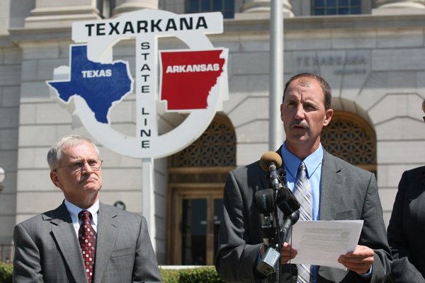 In this 2009 file photo, Randall  Harris (left) and Thomas Browne make comments outside the federal courthouse in Texarkana after Evangelist Tony Alamo was convicted on all accounts. 
