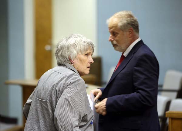 Former gubernatorial chief of staff Betsey Wright returns to her seat with her attorney Jeff Rosenzweig after Wright plead no contest to charges of trying to smuggle contraband into a maximum-security prison Wednesday afternoon at the Jefferson County Courthouse in Pine Bluff.