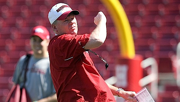 Arkansas Coach Bobby Petrino reacts during warm-ups prior to Arkansas' second scrimmage of the spring Friday.