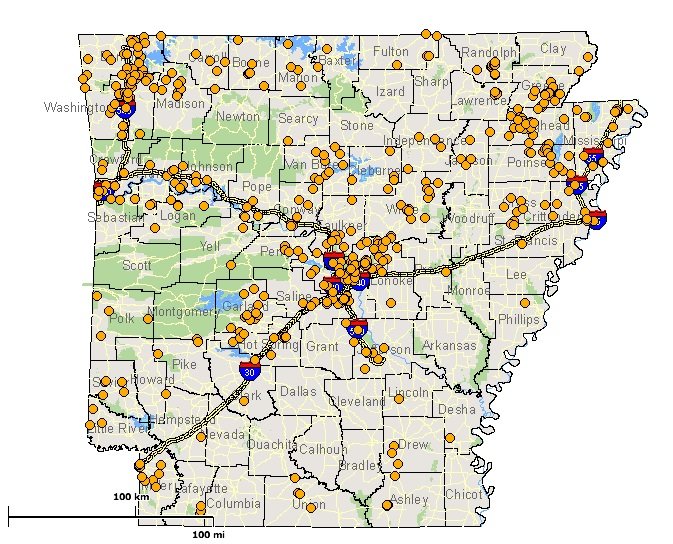This screenshot from the Arkansas Department of Environmental Quality's MethViewer website shows a GIS map plotting properties across the state contaminated by methamphetamine manufacturing.