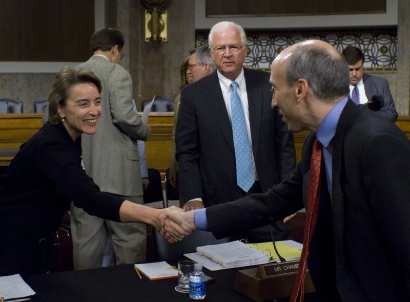  	Committee Chairman Sen. Blanche Lincoln, D-Ark., greets Gary Gensler, Chairman of the Commodity Futures Trading Commission as ranking member Sen. Saxby Chambliss, R-Ga., center, looks on, at a markup of the Wall Street Transparency and Accountability Act on Wednesday, April 21, 2010. 