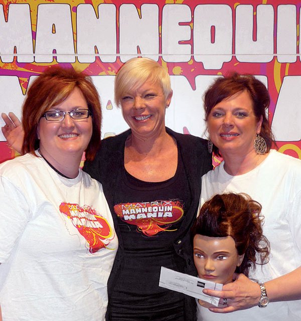 Lyndsay Risley (left) and Tara Henderson (right) were the winners of Mannequin Mania, a contest held during the Discover Hair Show in St. Louis and hosted by Tabatha’s Salon Takeover star Tabatha Coffey (center). 