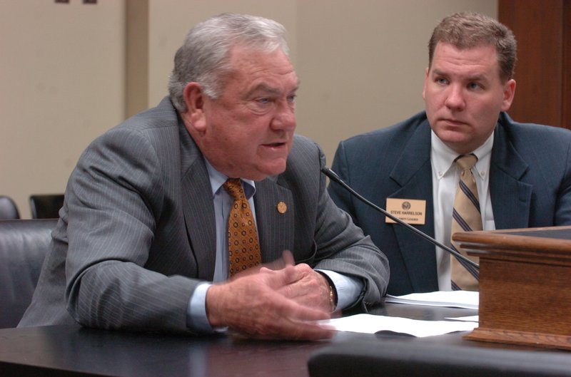  Arkansas Democrat-Gazette/STEVE KEESEE 3/28/07 Arkansas Secretary of State Charlie Daniels (left) speaking in favor of SB855, concerning procedures and deadlines for elections, with the House sponsor, state Rep. Steve Harrelson, listening in the House Committee on State Agencies and Govermental Affairs Wednesday.