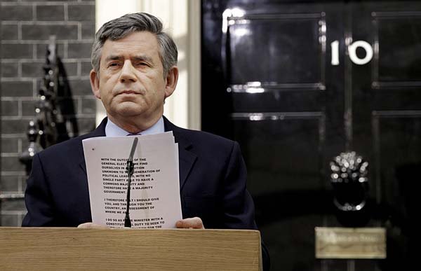 British Prime Minister Gordon Brown finishes a statement Friday outside No. 10 Downing St. in London. In Thursday’s election, his party suffered its worst defeat in 80 years.