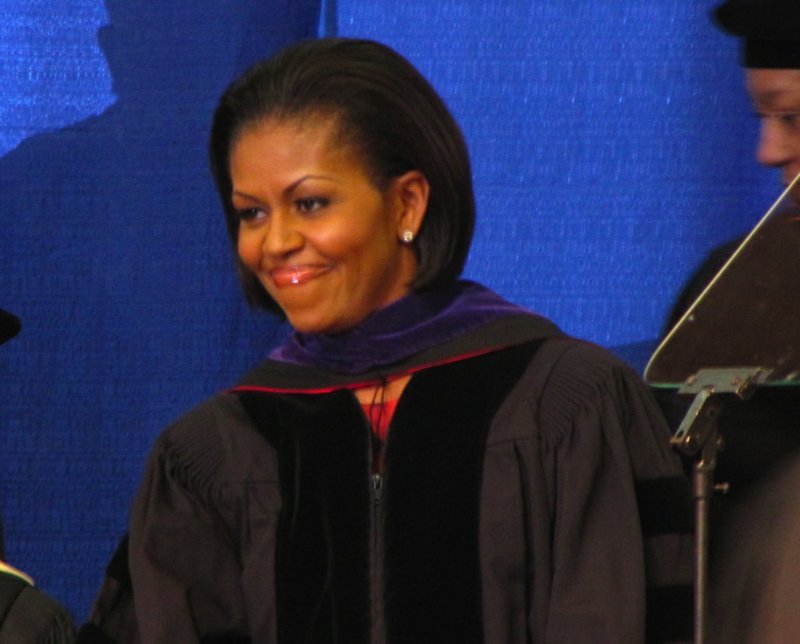 Michelle Obama stands on stage as the UAPB commencement ceremony begins Saturday afternoon.