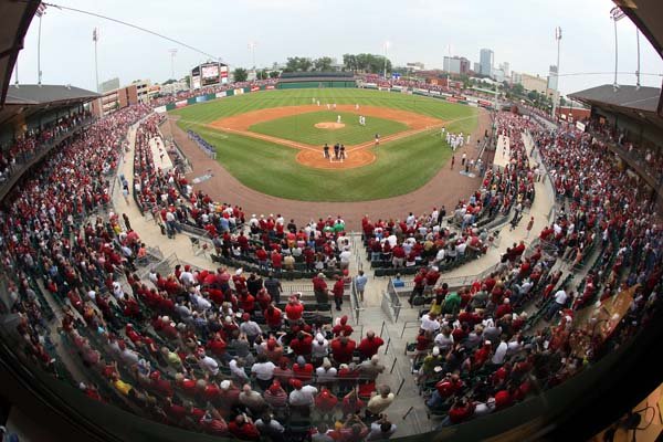 Some of the 9,426 fans wait for the start of the Arkansas-Louisiana Tech game at Dickey-Stephens Park in North Little Rock on Tuesday, May 12, 2010.