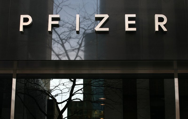 In this Jan. 25, 2009 file photo, a sign at Pfizer world headquarters is shown in New York.  Wyeth Pharmaceuticals and Upjohn Co. are owned by Pfizer, Inc.