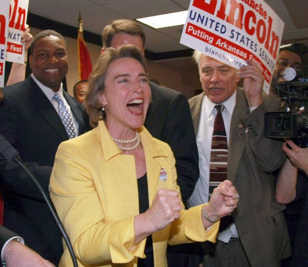 Sen. Blanche Lincoln celebrates at a watch party Tuesday night.
