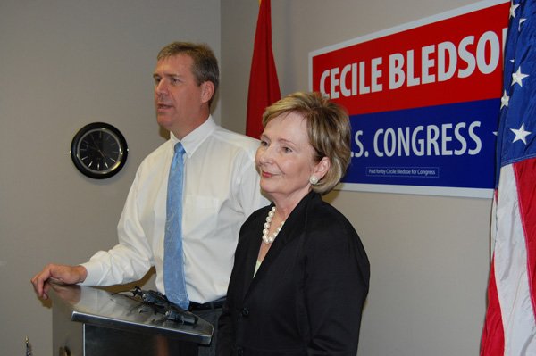 Gunner DeLay (left) conceded the 3rd Congressional District Republican primary election Thursday, saying he would campaign for his former opponent, state Sen. Cecile Bledsoe (right). Bledsoe now faces Rogers Mayor Steve Womack in the June 8 runoff. DeLay made the announcement at the Sebastian County Republican Headquarters in Fort Smith.