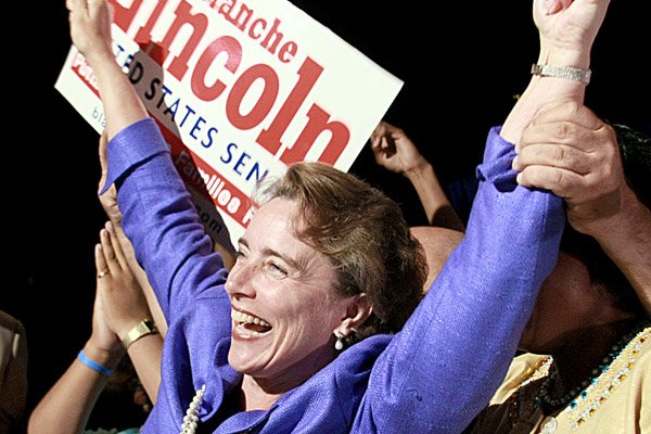 Sen. Blanche Lincoln celebrates with supporters Tuesday night at her watch party in Little Rock. She will face Republican nominee John Boozman in November.