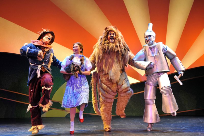 Off to see the Wizard — (from left) Adam Jepsen as the Scarecrow, Cassie Okenka as Dorothy, Jesse Coleman as the Cowardly Lion and Peter Gosik as the Tin Man in The Wizard of Oz, playing this week in Little Rock.
