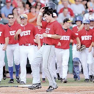 The West team’s Houston Pruitt accounted for the game’s only run, hitting a home run in the fourth inning to lift his team to a 1-0 victory over the East in the first game of Tuesday’s All-Star doubleheader at Baum Stadium.