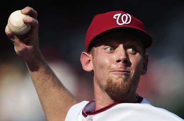  Washington Nationals starting pitcher Stephen Strasburg throws during the fifth inning of a baseball game against the Kansas City Royals.