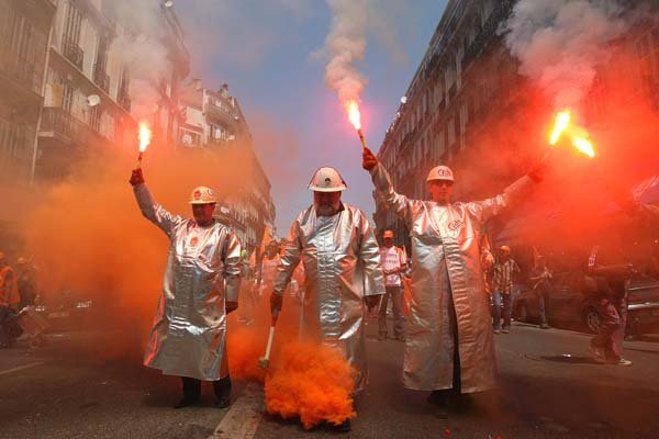 Steelworkers from the Fos-sur-Mer ArcelorMittal plant join a protest Thursday in Marseille in southern France.