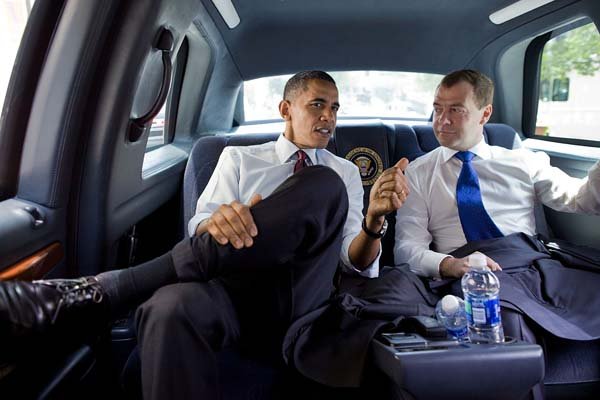 President Barack Obama and Russian President Dmitry Medvedev head for lunch Thursday, in this photo provided by the White House.