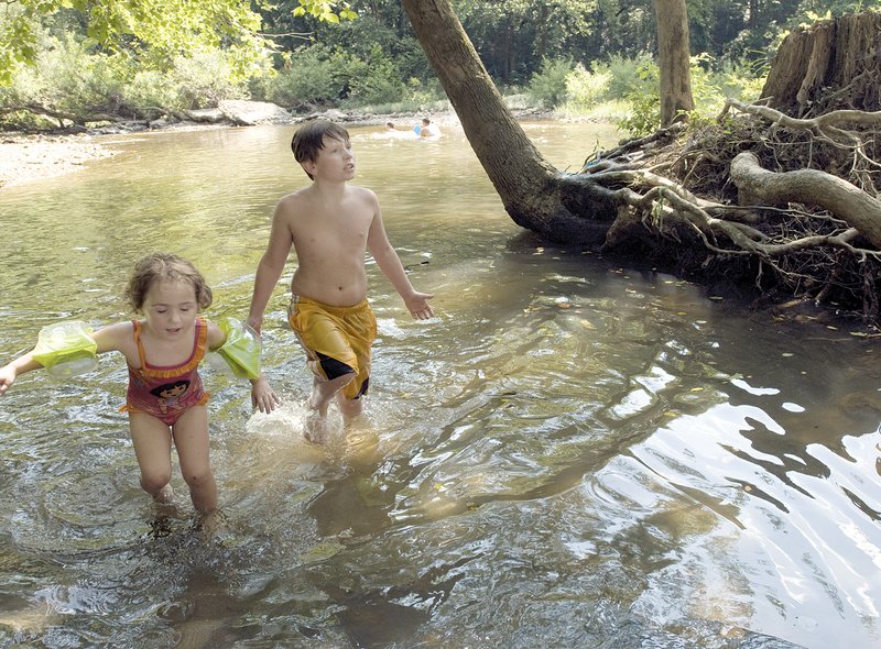 Hailey Wright, 4, and her half-brother Brendan Furr, 9, come out of the Saline River on Friday after their parents asked them to stop swimmingg. A few swimmers were sickened recently after swimming in the Saline River near Benton. Furr asked his parents about why he has to stop swimming.