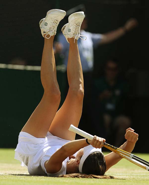 Tsvetana Pironkova of Bulgaria reacts after winning a point during her 6-2, 6-3 upset victory over American Venus Williams in the quarterfinals at Wimbledon on Tuesday.