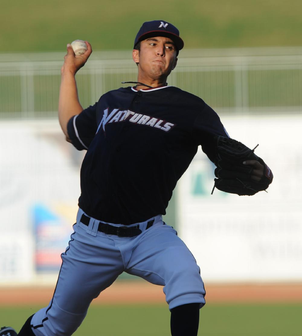 Arkansas Democrat-GazetteMICHAEL WOODS --07-01-10-- Naturals pitcher Alex Caldera first a pitch in the 1st inning of Thursday nights game at Arvest Ballpark in Springdale.
