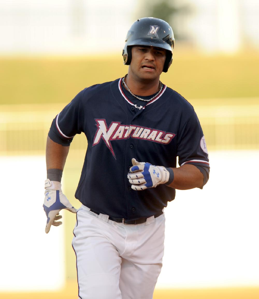 Arkansas Democrat-GazetteMICHAEL WOODS --07-01-10-- Naturals batter Mike Moustakas rounds third base after a two run home run in the 2nd inning of Thursday nights game at Arvest Ballpark in Springdale.